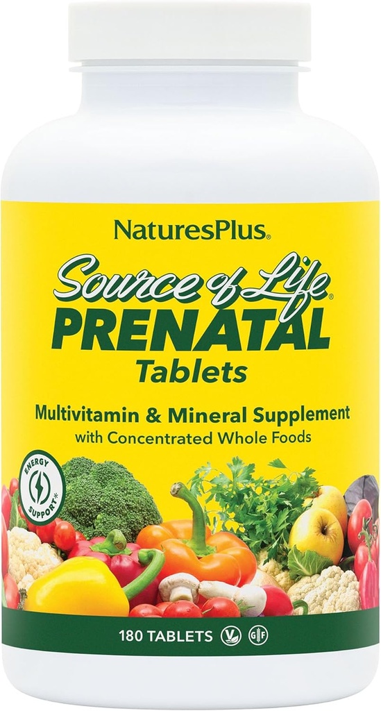 Natures Plus Fuente de Vida Prenatal - 800 mcg Folate, 180 Tablas Vegetarianas - Todas Vitaminas Prenatales Naturales con Hierro &amp; Calcio - Salud Optimal & Energy - Gluten-Free - 90 Servimientos