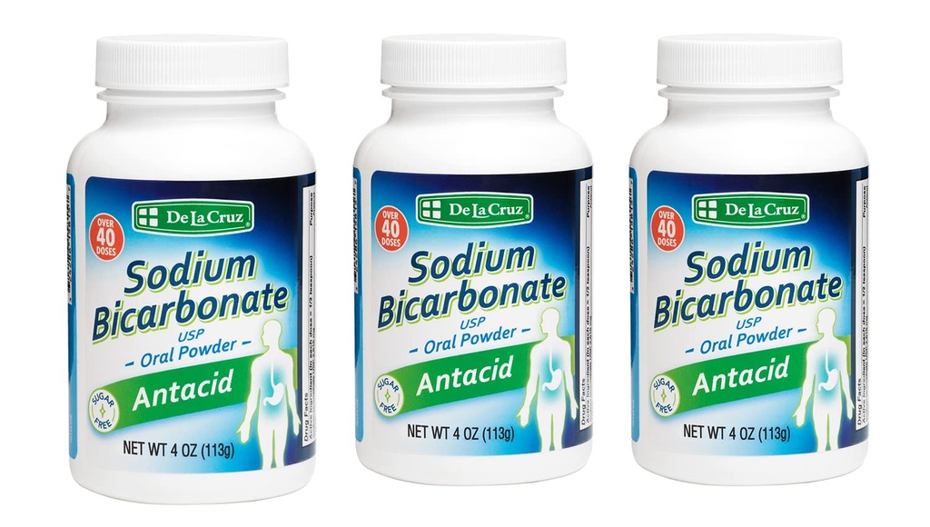 De La Cruz Pure Sodium Bicarbonate Powder – Baking Soda & Baking Powder Aluminium free Antacid for Heartburn & Indigestion – Packed in USA - 4 OZ (3 Bottles)
