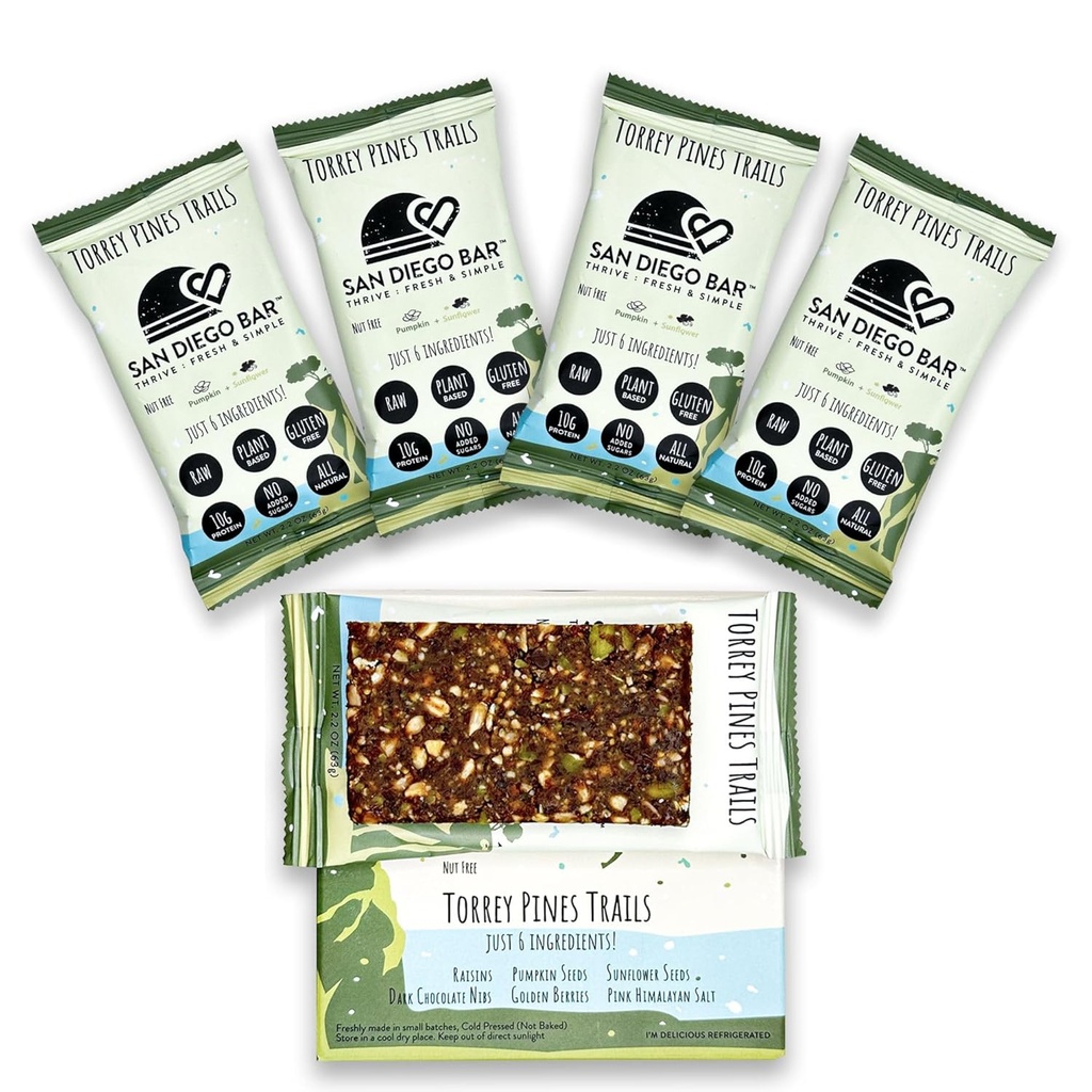 San Diego Bar-Torrey Pines Trails | Pumpkin + Sun Flower | RAW & Vegan Protein Bars | Sugar & Gluten Free | Breakfast Bars | Energy Bars | Snack Bars | 6 Whole Food Ingredients | Plant-Based Protein