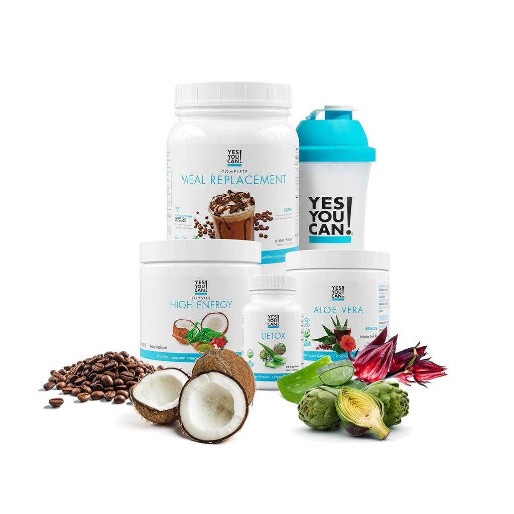 ¡Sí que puedes! Kit Detox Plus - Limpieza diaria Meal Puro Reemplazo de Fibra Mix, Shake Booster &amp; Suplemento, Kit de limpieza corporal para hombres y mujeres, Limpieza diaria del sistema - Café, Hibiscus