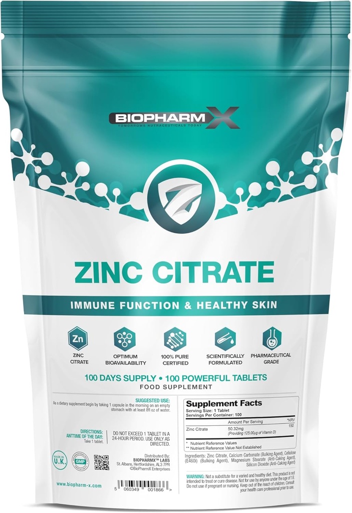 Citrato de zinc (100% Puro Certificado/Maximum Strength 50mg Tablets x 100 (1 Por día)