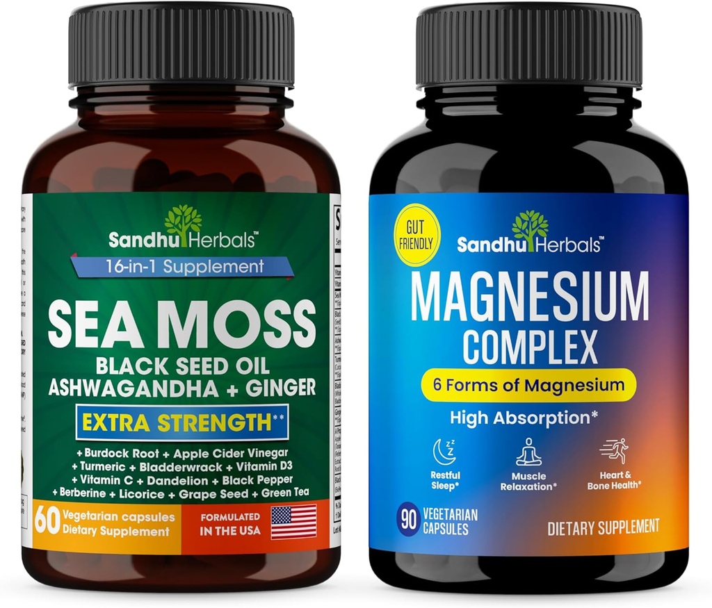 SANDHUHERBALS Sandhu Herbals Sea Moss &amp; Magnesium 6 en 1 Suplemento Complejo Combo tención Soporta Immune, Digestive Health & Restful Sleep
