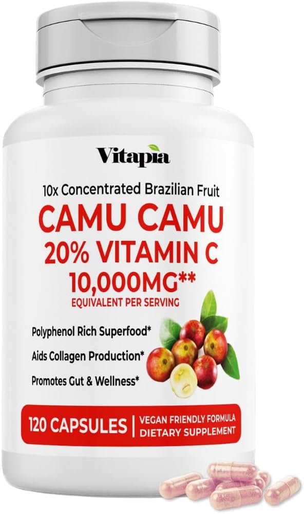 Organic Camu Camu Extract 20% Vitamin C Capsules - Immune, Collagen, Metabolism Support - 120 Veggie Capsules - Non GMO, Gluten Free, Vegan Supplement