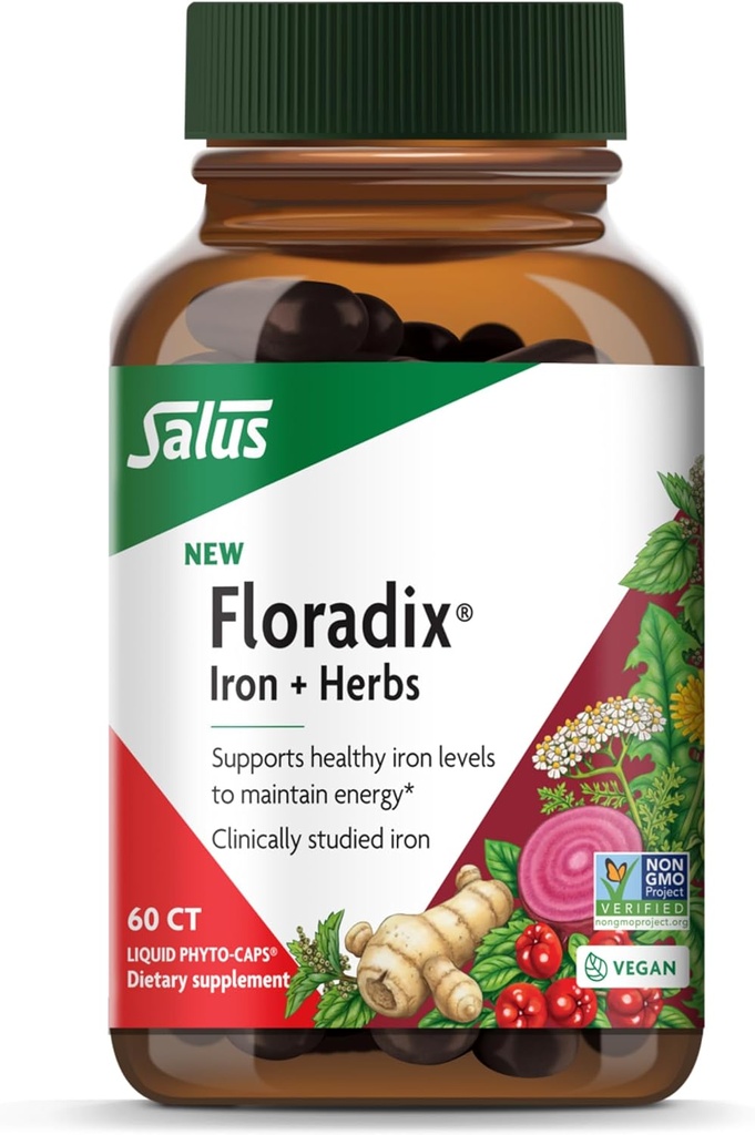 Floradix Iron + Herbs - Suplemento de hierro para el apoyo energético saludable* - Apoyo a la formación de células rojas de sangre - Vegan, no GMO, libre de gluten, libre de soya - 60 Liquid Phyto-Caps