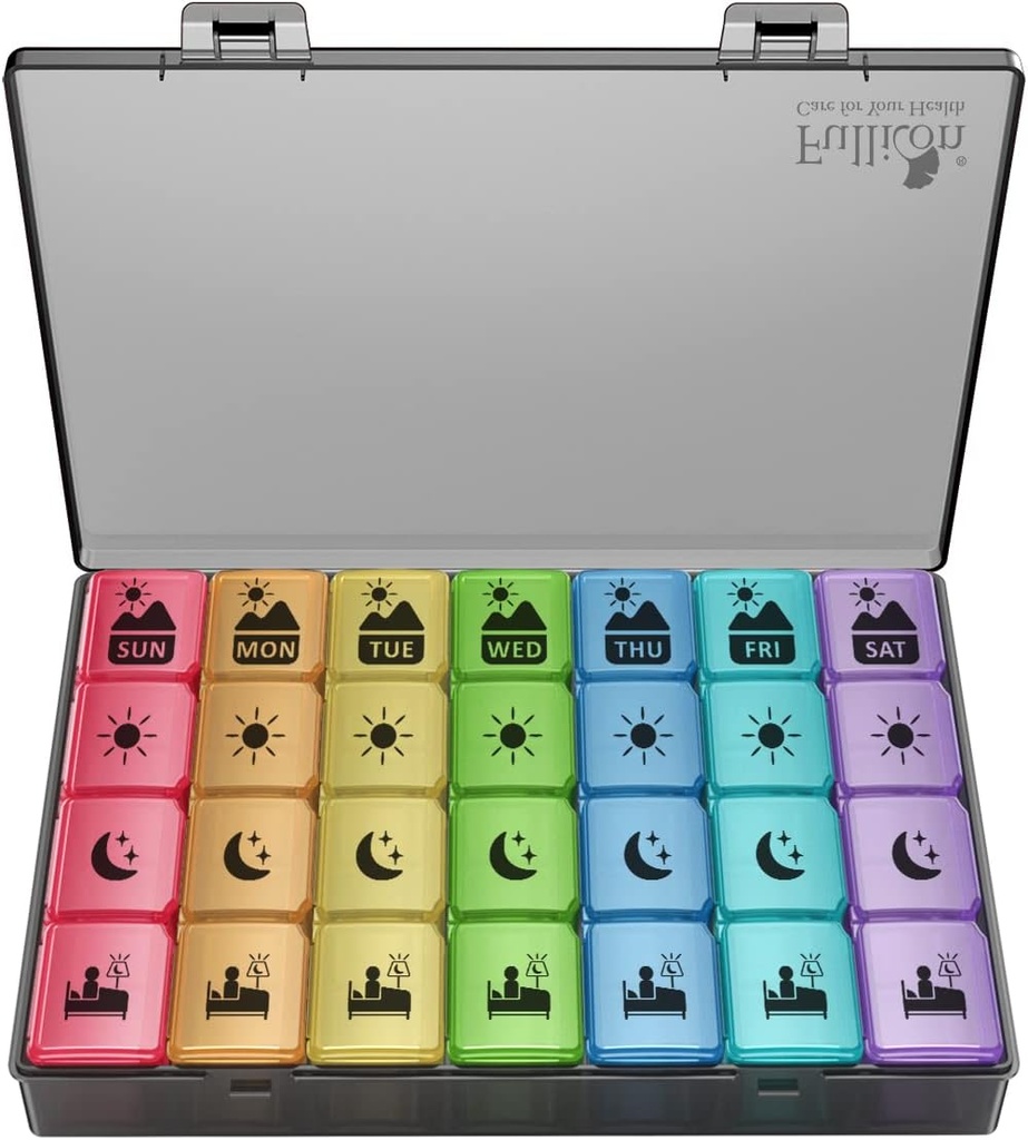 Extra Large Weekly Pill Organizer 4 veces al día, Fullicon XXL Large Pill Box, 7 Day Medicine Organizer, Black Pill case for Vitamin/Fish Oil/Supplements