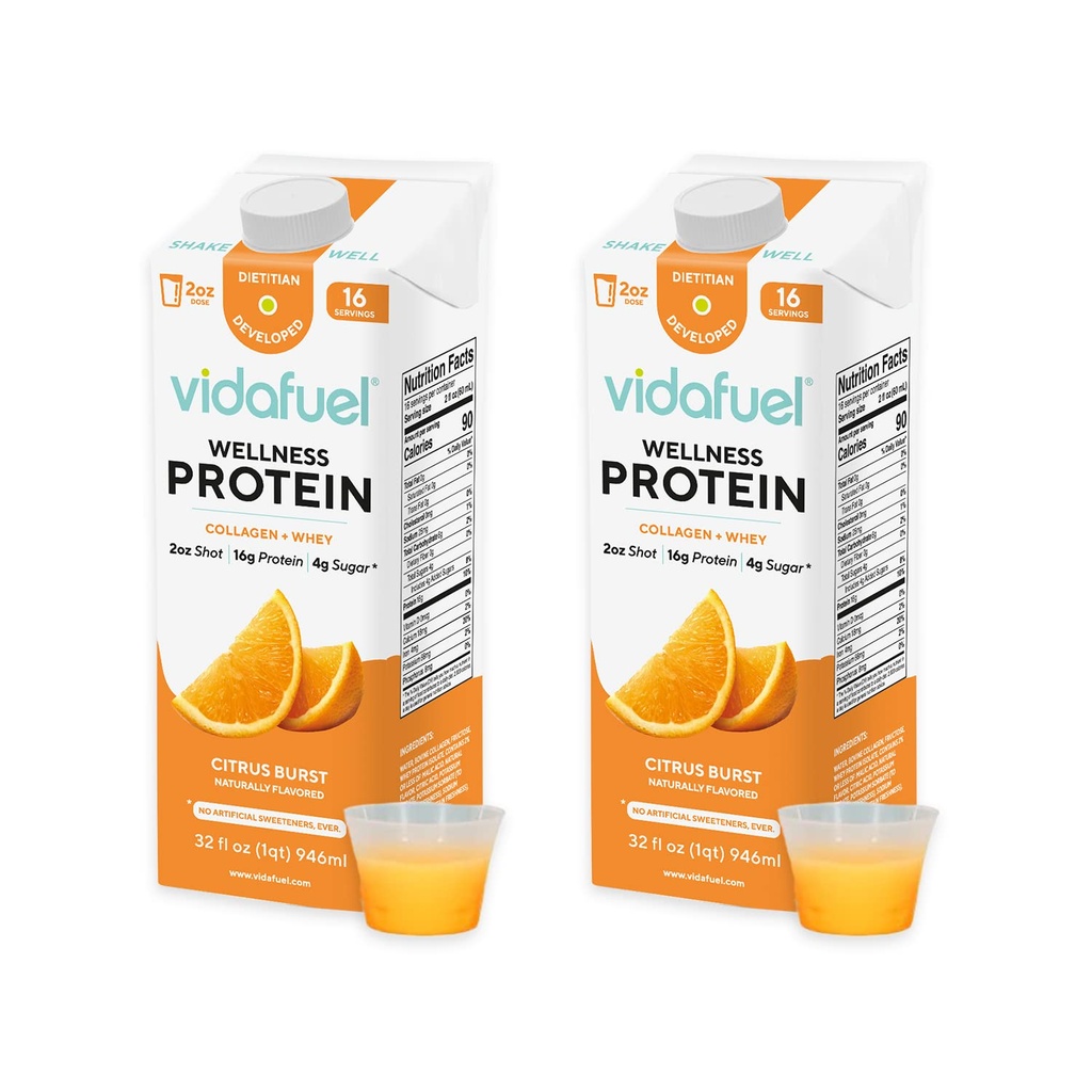 Vidafuel Protein Drink, 16g Protein per 2oz Shot, 32 fl oz Carton, 2 Pack, Citrus, Collagen and Whey Drink, No Artificial Sweeteners