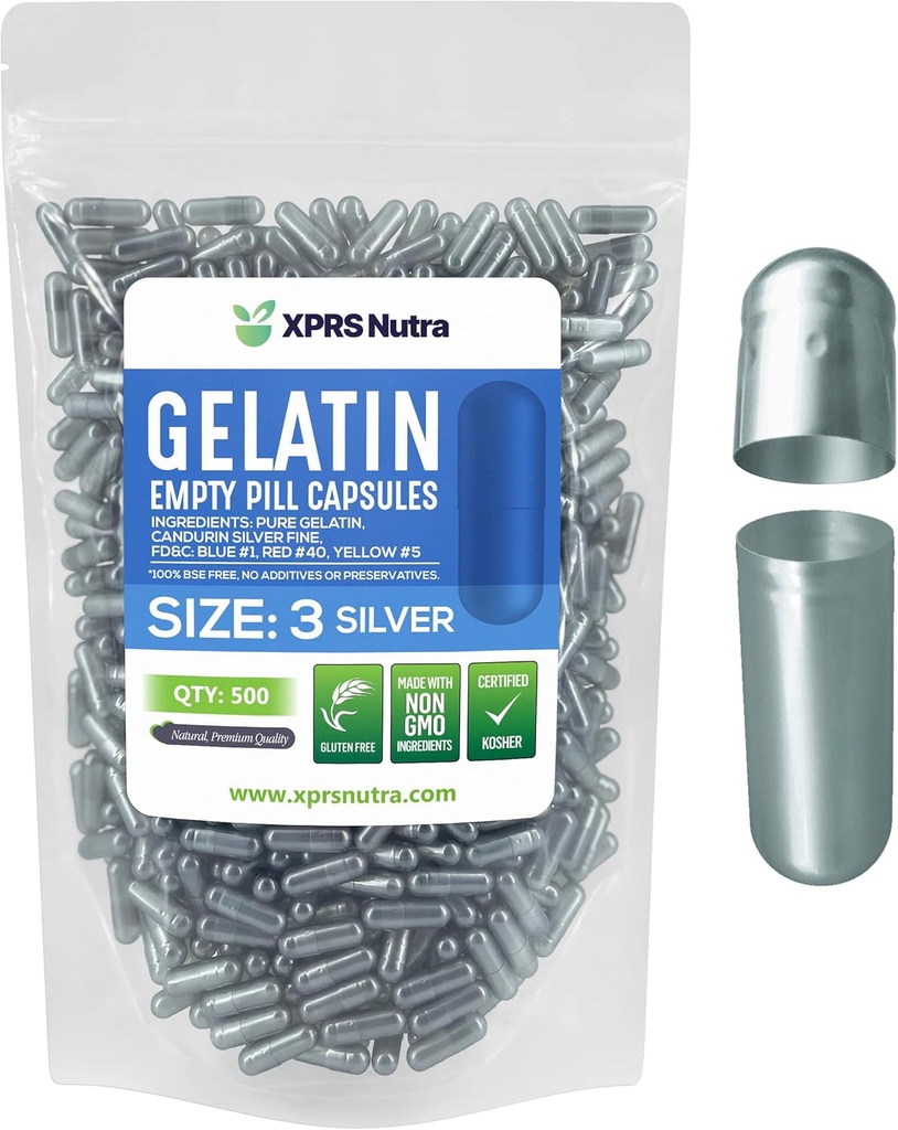 XPRS Nutra Size 3 Empty Capsules - 500 Conde Empty Gelatin Capsules - Pills DIY Capsule Filling - Pure Bovine Pill Gel Caps Fillable for Do-It-Yourself Vitamins and Supplements (Silver)