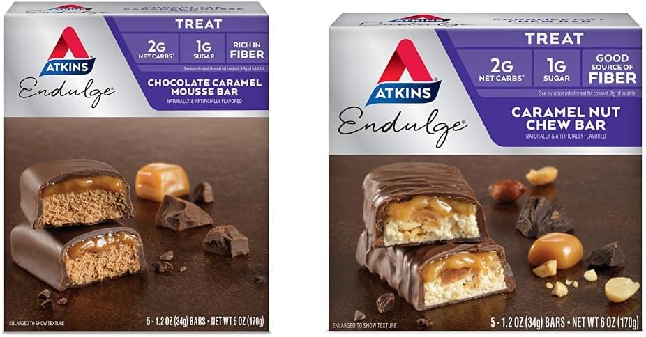 Atkins Endulge Chocolate Caramel Mousse Bar 5 Cuenta y Caramel Nut Chew Bar 5 Cuenta Bundle