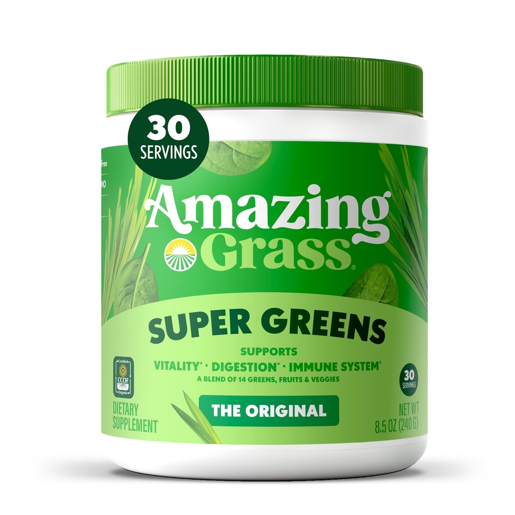 Increíble Grass Greens Blend Superfood: Verdes Powder Mix for Energy, con Espirulina orgánica, Clorella, Beet Root Powder, Digestive Enzymes & Probiotics, Original, 30 Servings (Packaging May Vary)