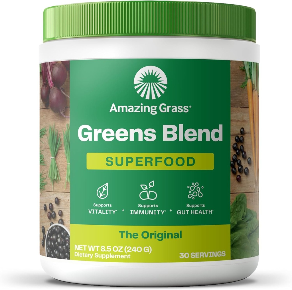 Increíble Grass Greens Blend Superfood: Verdes Powder Mix for Energy, con Espirulina orgánica, Clorella, Beet Root Powder, Digestive Enzymes & Probiotics, Original, 30 Servings (Packaging May Vary)
