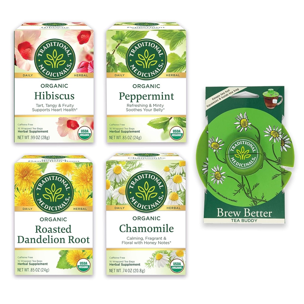 Medicamentos tradicionales, Paquete de Variedad Orgánica para la Wellness en cuatro sabores relajantes, Incluye menta, manzanilla, Hibiscus, Root de Dandelión Asado, Tea Buddy, 64 bolsas de té, (4 Pack)