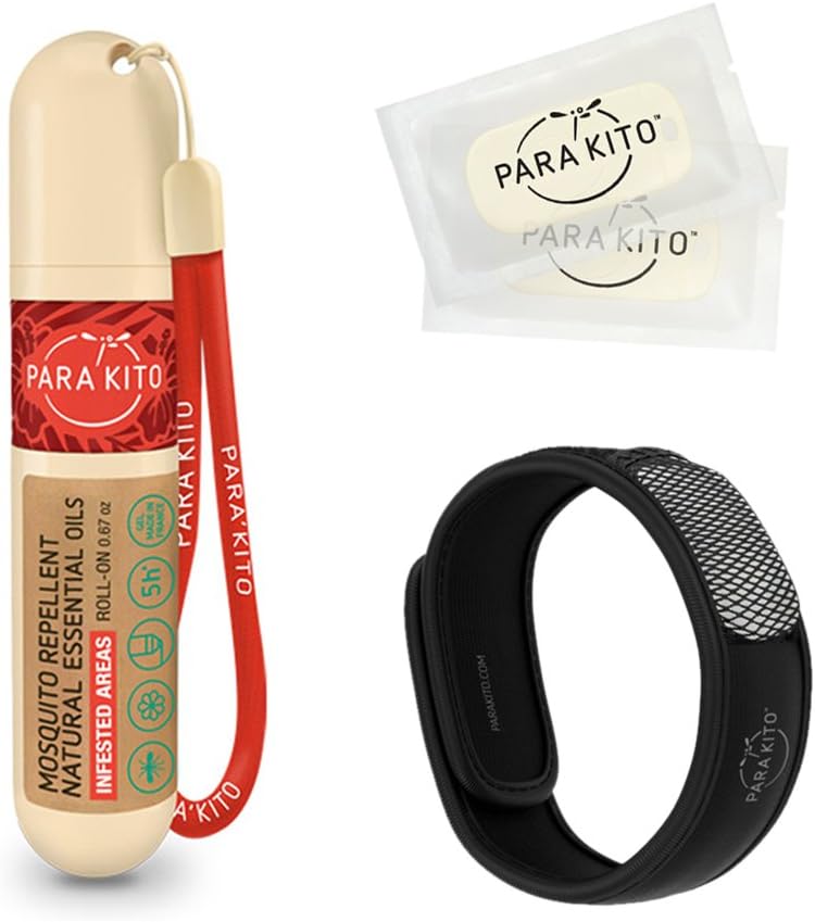 PARA'KITO Mosquito Repellent Bundle, 1 Mosquito Repellent Pulsera, 1 Roll-on Gel, Pulseras Repelentes de Bug, Dispositivos Repelentes Mosquito Wearable, Negro