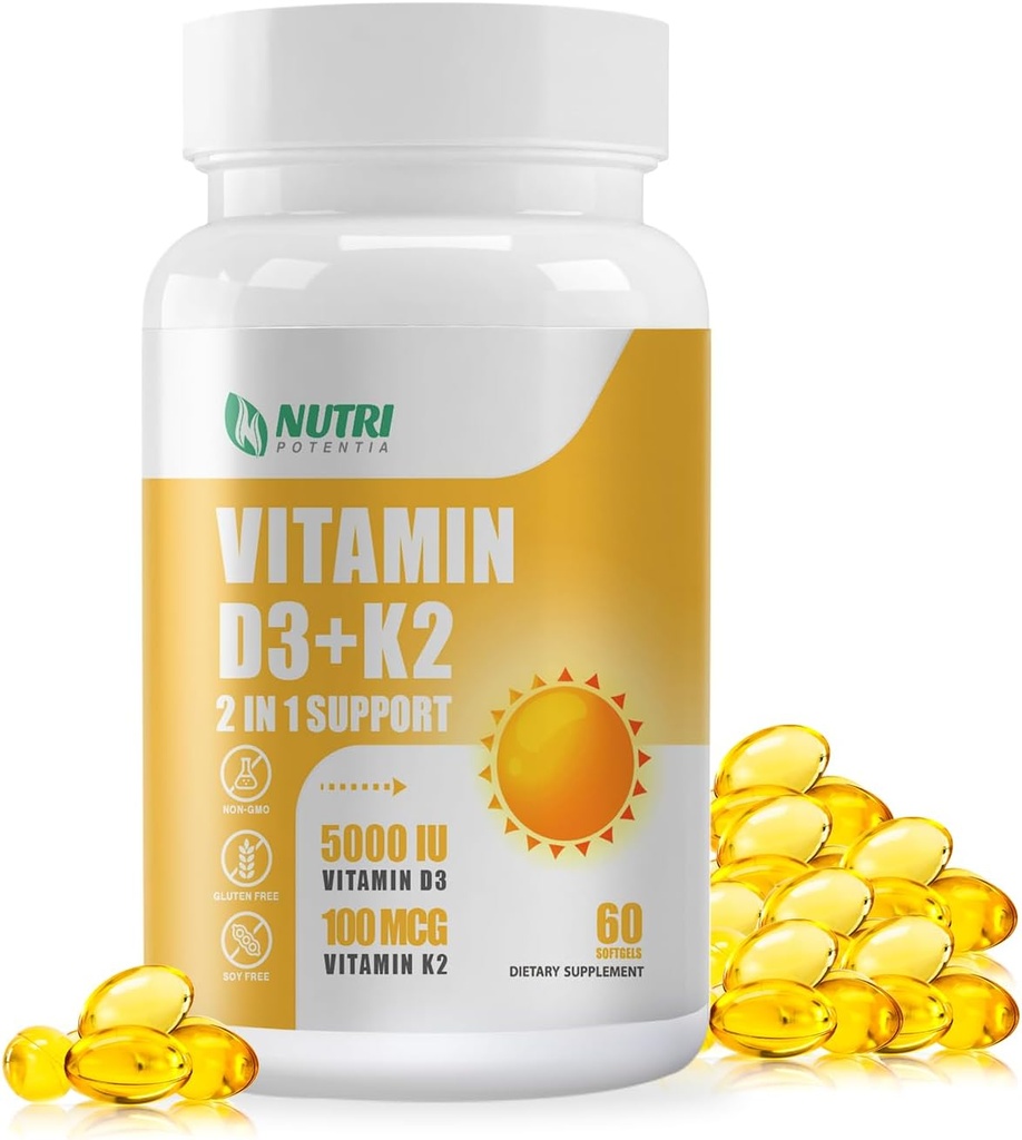 Vitamina D3 K2 con MCT Oil, Vitamina D3 5000 UI y K2 100mcg, Fórmula 2 en 1 para Bone and Heart Health, Gluten Free - 60 Cuenta Softgels
