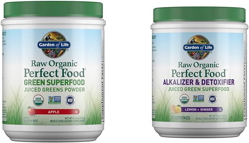 Garden of Life Raw Organic Perfect Food Green Superfood Juiced Greens Powder - Apple Flavor & Raw Organic Perfect Food Alkalizer & Detoxifier Juiced Greens Superfood Powder