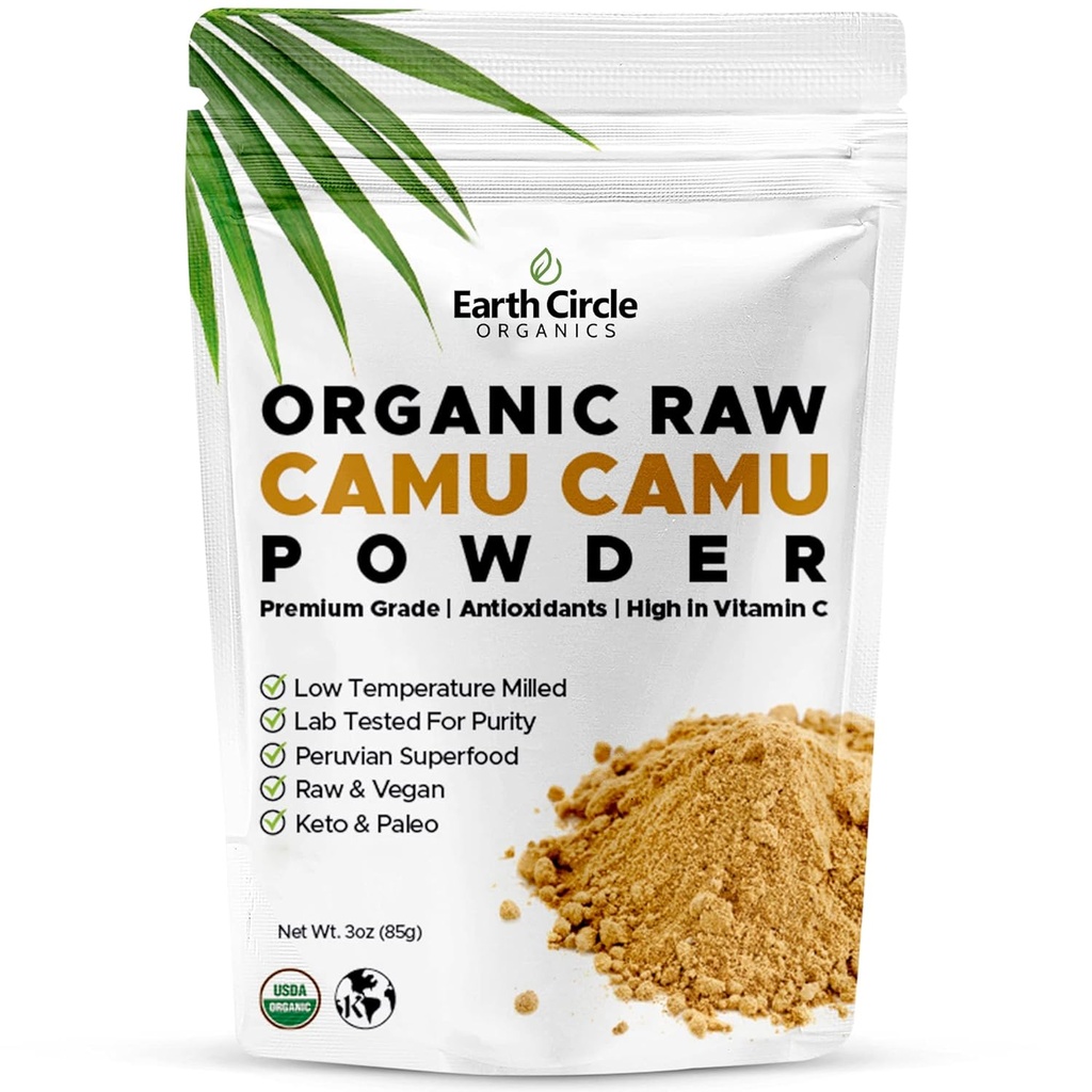 Círculo de la Tierra Orgánica Camu Camu Powder – Pólvora de Berry cruda orgánica con Antioxidantes de vitamina C natural – Vegan, Kosher, Superalimentos no transgénicos para la inmunidad y la energía – 3oz (Pack of 1)