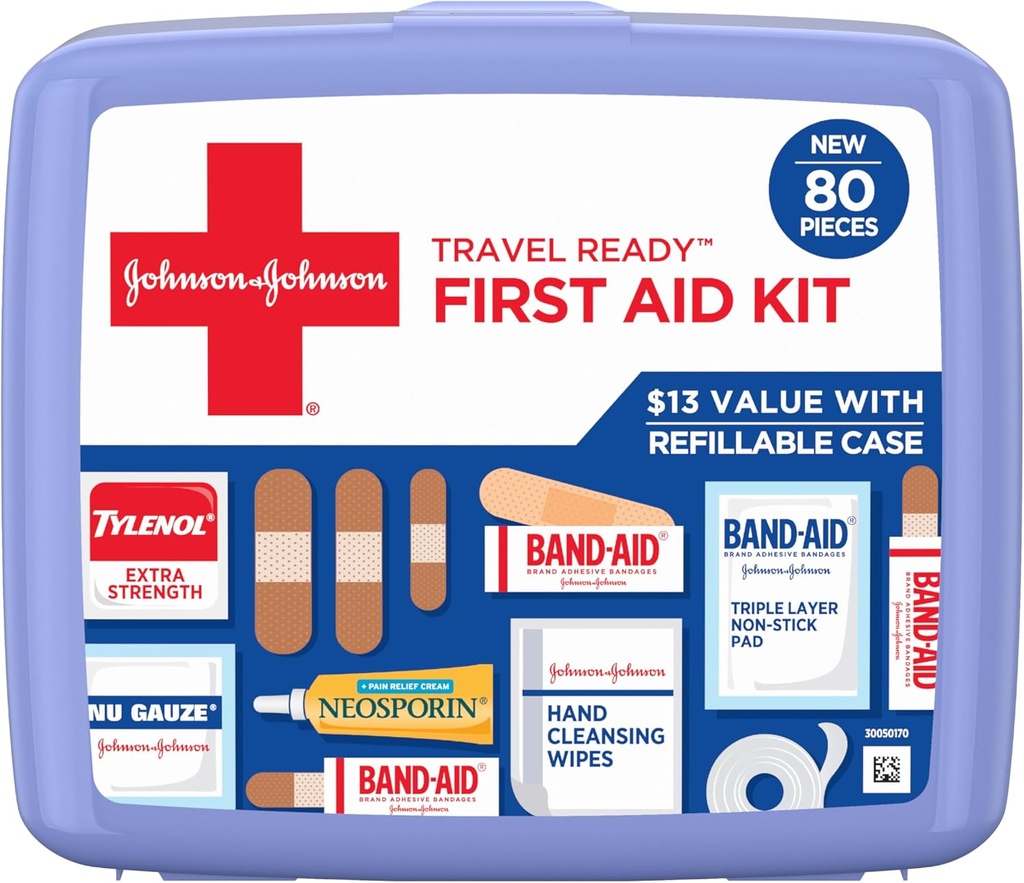 BAND-AID Brand Travel Ready Portable Emergency First Aid Kit for Minor Wound Care, Perfect for Home, Car, Travel, Camping Essentials &amp; Outdoor Emergency Kit, 80 Pieces