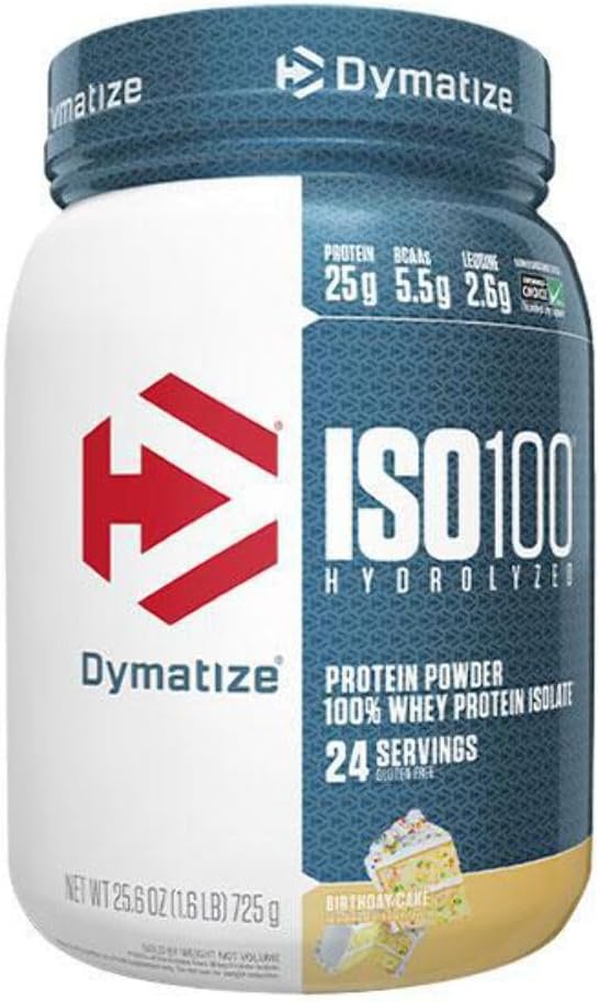 Dymatize ISO 100 Whey Protein Powder con 25g de Hidrolyzed 100% Whey Isolate, Gluten Free, Fast Digesting, Cake de cumpleaños, 1.6 libras