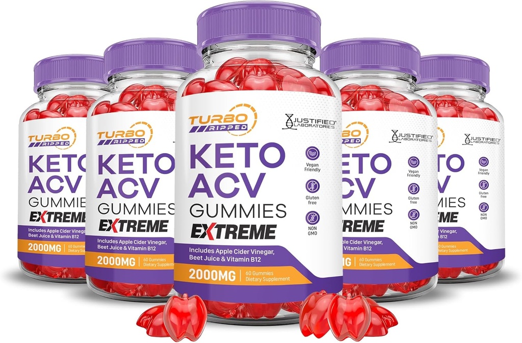 (5 Pack) Turbo Ripped Keto ACV Gummies Extreme 2000MG Turbo Ripped Keto Gummies Apple Sider Vinegar Formulado con granate Beet Juice Powder B12 Vegan Non GMO 300 Gummys