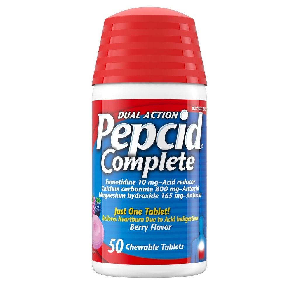 Pepcid Complete Acid Reducer + Antacid for Acid Reflux, 10mg Famotidine, 800mg Calcium Carbonate & 165mg Magnesium Hydroxide per Heartburn Medicine Tablet, Antacid Chews, Berry, 50 ct