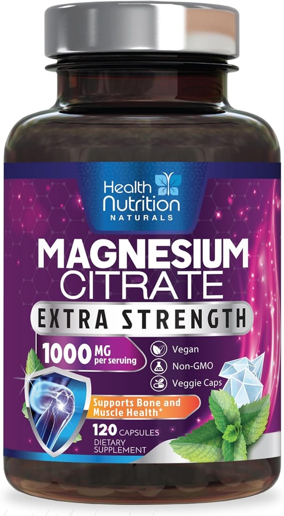 Citrate de magnesio Capsules 1000mg - Max Absorption Magnesium Powder for Muscle, Nerve, Bone and Heart Health Support, High Absorption Citrate Complex, Gluten Free, Non-GMO - 120 cápsulas