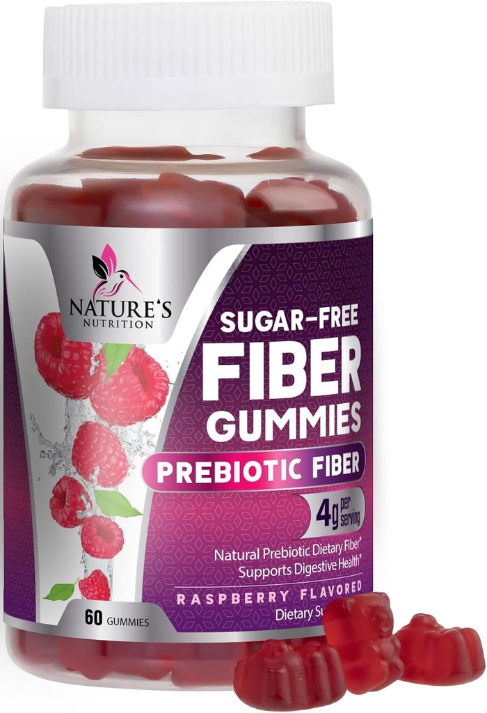 Prebióticos Gummies de fibra 4g - Suplemento de fibra de azúcar para la salud digestiva de adultos Apoyo - sabor natural de frambuesa, mezclado con plantas, sin GMO &amp; Gluten Gratis - 60 Gummies
