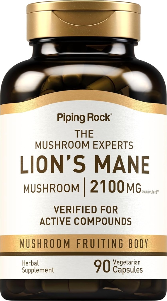 Piping Rock Lions Mane Supplement Capsules ← 2100mg Silencio 90 Conde ← Mushroom Fruiting Body Extract for Hombres y Mujeres