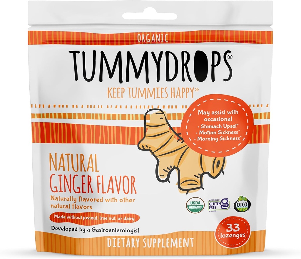 USDA Organic Natural Ginger Tummydrops, Gluten Free &amp; Vegan, 33 Individualmente Wrapped Drops in a Resealable Bag