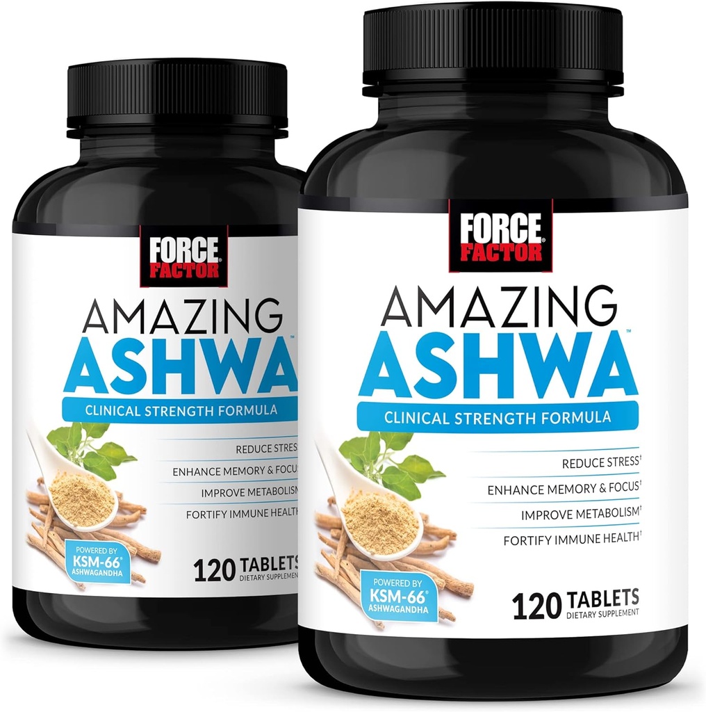 Factor de fuerza Asombroso Ashwa, KSM-66 Ashwagandha Suplemento para el alivio de estrés, Focus, Memory, Immune Support, With Vitamins, Minerals & Antioxidants, Cortisol Supplements for Women, 240 Tablets (2-Pack)