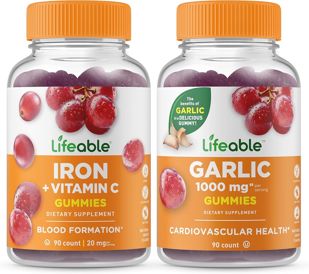 Hierro salvavidas con vitamina C + ajo 1000mg, Gummies Bundle - Gran Tasting, Suplemento de vitamina, Gluten Gratis, GMO Gratis, Chewable Gummy