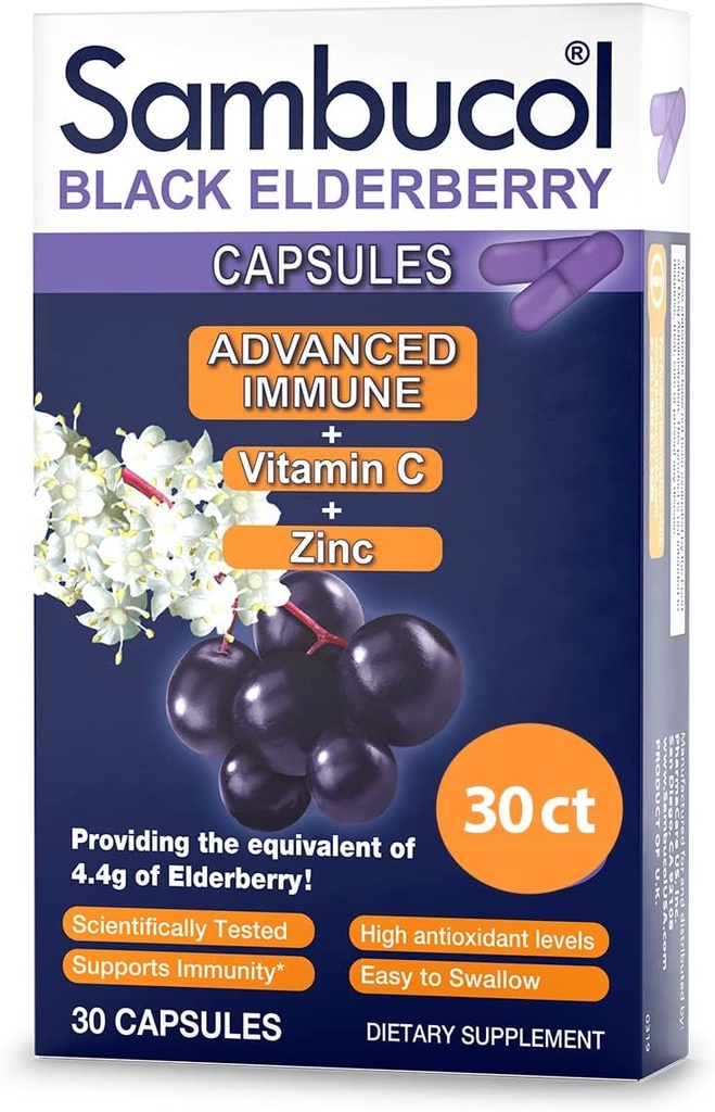Sambucol Black Elderberry Capsules - Advanced Immune, Vitamin C y Zinc, Elderberry Capsules, Immune Support Supplement, Black Elderberry Supplements, Gluten Free, Easy to Swallow Capsules - 30 Count