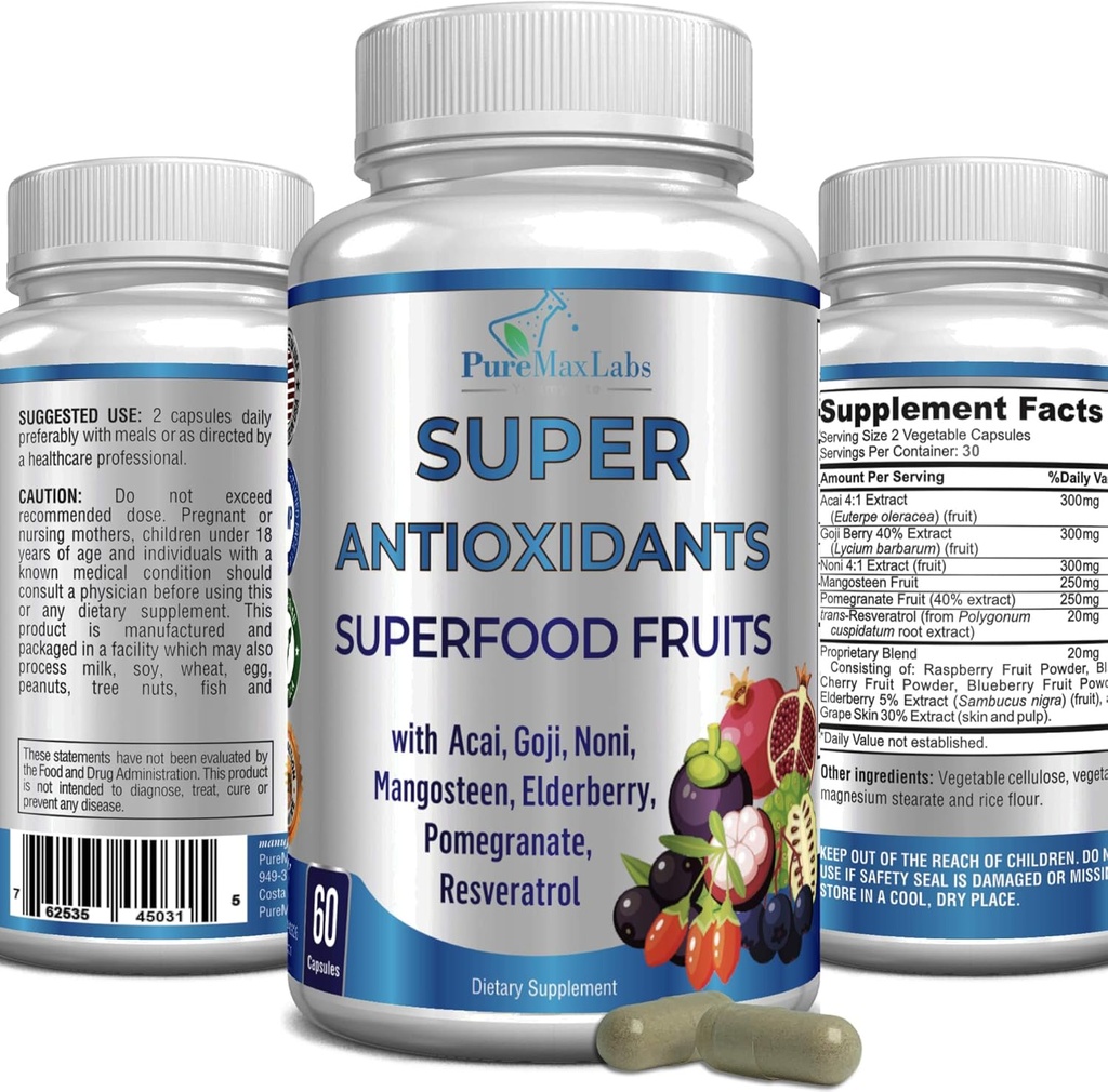 Super Antioxidante Complejo de Superalimentos de Fruta - Potentes Superfruits Antioxidantes, Acai, Goji, Noni, Mangosteen, Pomegranate, Elderberry, Resveratrol, Immune Support, Skin Care - 60 cápsulas