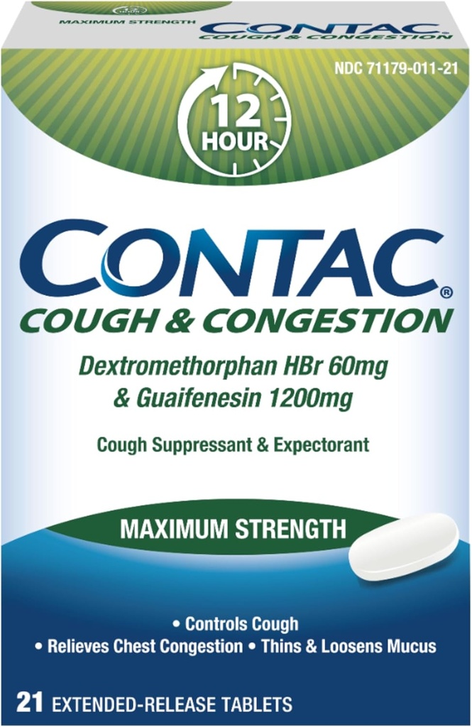 Tos contac " Congestion Maximum Strength Controls Cough, Thins and Loosens Mucus, Guaifenesin " Dextromethorphan HBr, Extended Release Tablets, 21 Count