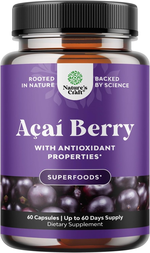 Naturalezas Artesanía Acai Berry Antioxidante Apoyo Perder peso Suplemento para Mujeres y Hombres - Vitaminas Minerales Antioxidante Fórmula Apoya Sistema Inmunitario y Boost Energy Cognitive Health - 60 Serviciones