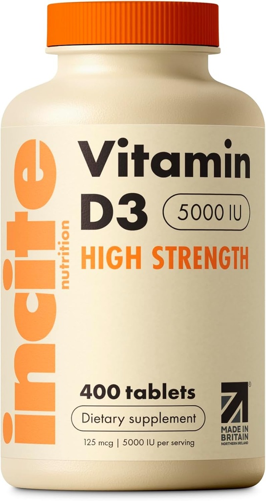Incite Nutrition Vitamina D 5000 iu - 400 Premium Vitamina D3 Easy-Swallow Micro Tablets - High Strength Cholecalciferol VIT D3 5000iu - Suplemento vegetariano - Hecho en el Reino Unido