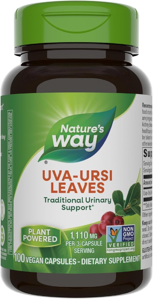 Natural Way Uva Ursi Leaves, Traditional Urinary Support*, 1,110 mg por 3-Capsule Serving, Non-GMO Project Verified, Herbal Dietary Supplement, Gluten Free, 100 Vegan Capsules (Packaging May Vary)