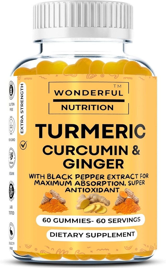 Elevar su Wellness Viaje Turmeric, Curcumin y Ginger Gummies: Un suplemento de Superalimentos Enriquecido con Pepper Negro Extracto - 60 Gummies