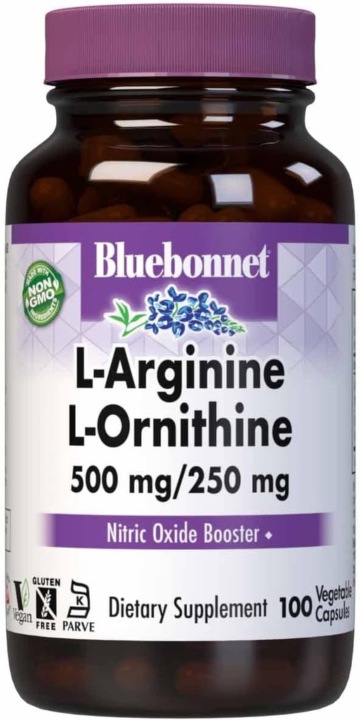 Bluebonnet Nutrition L-Arginine 500mg/L-Orinithine 250mg, Supports Protein Metabolism*, Soy-Free, Gluten-Free, Non-GMO, Kosher Certified, Vegan, 100 cápsulas vegetales