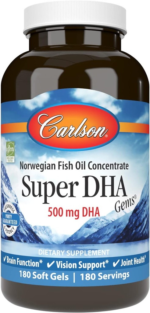 Carlson - Super DHA Gems, 500 mg DHA Supplements, 640 mg Fatty Acids, Wild-Caught Norwegian Arctic Omega 3 Fish Oil Supplement, Sustainably Sourced Fish Oil Capsules, 180 Softgels