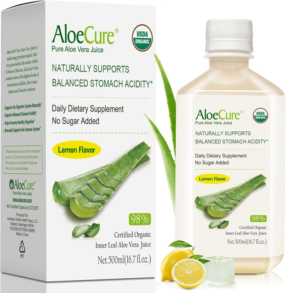 AloeCure USDA Organic Aloe Vera Juice Lemon Flavor - Made Within 12 Hours of Harvest - Natural Digestive Supplement for Balanced Stomach Acidity - Support Digestive and Immune Health - 1 Btl x 16.7oz
