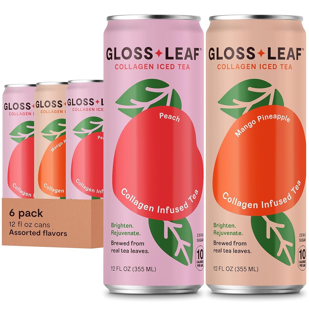 Gloss Leaf Collagen Iced Tea (Zero-Sugar, surtido): Té Negro Brewed con Peptides Collagen Proteína &amp; Vitamina C, Belleza & Anti-Aging, 12 Fl Oz, 6 Pack