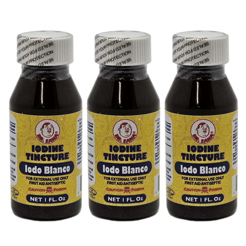 Tintura de yodo decolorada. Primera Ayuda Antiséptica para Raspas Menores, Cortas, Brujas y Quemaduras. 1 fl.oz. Paquete de 3