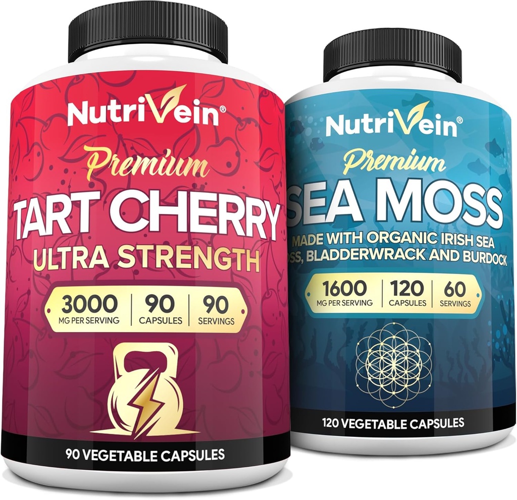 Nutrivein Irish Sea Mos Capsules y Tart Cherry Capsules Bundle: Sea Moss " Tart Cherry Supplement Set for Digestive Support and Daily Wellness