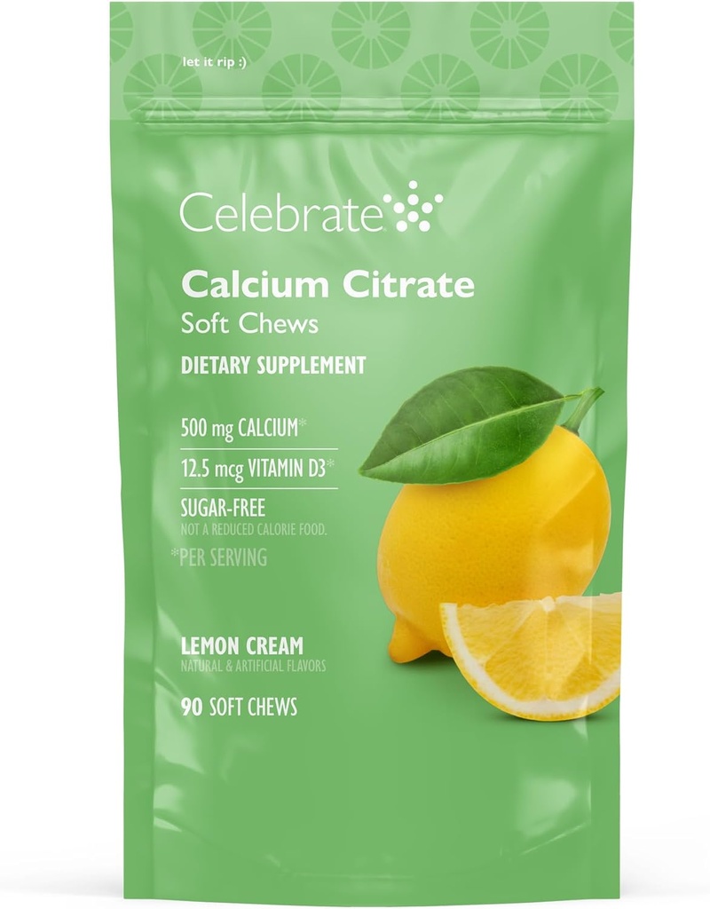 Celebrar vitaminas Bariatric 500mg Calcio Citar cerdas blandas con 500 UI Vitamina D3 – Esencial para el bypass gástrico Pacientes " Bone Health - Sugar " Gluten Free, Lemon (90 Chews)