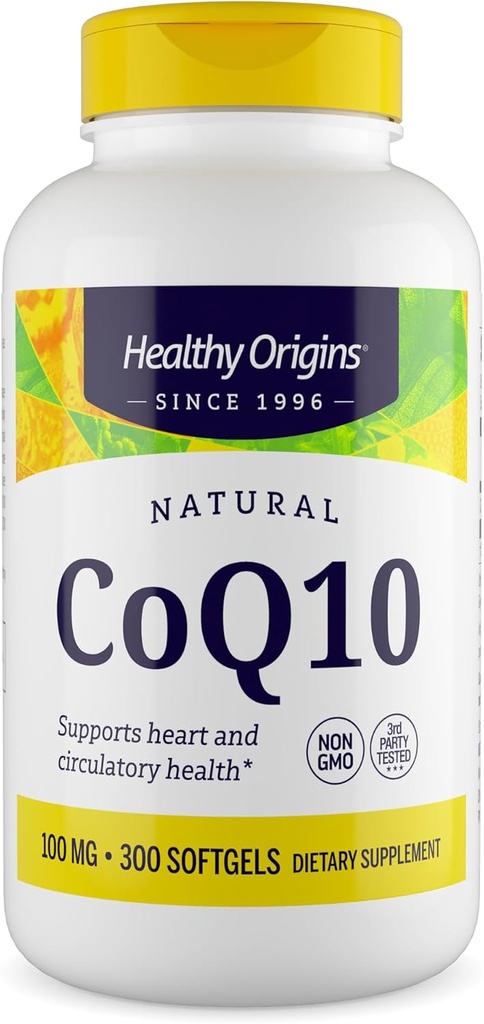 Orígenes saludables® CoQ10 100 mg – Ubiquinona Trans-Isomer Natural – fermentada por levaduras, apoya la salud cardíaca y energía celular – No GMO 300 Softgels