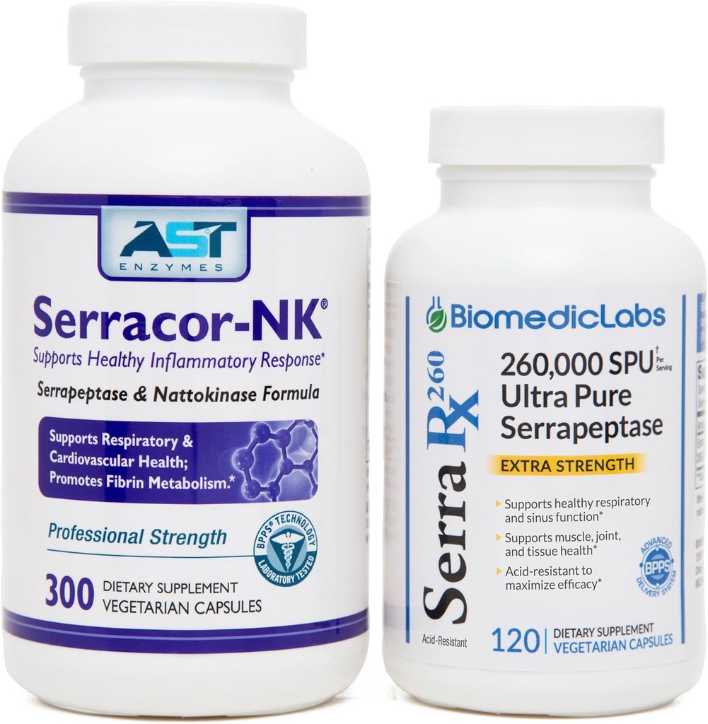 Serracor-NK (300) " Serra-RX 260,000 SU (120)- Scar Tissue Bundle - Acid-Resistant Serrapeptase Proteolytic Systemic Enzyme