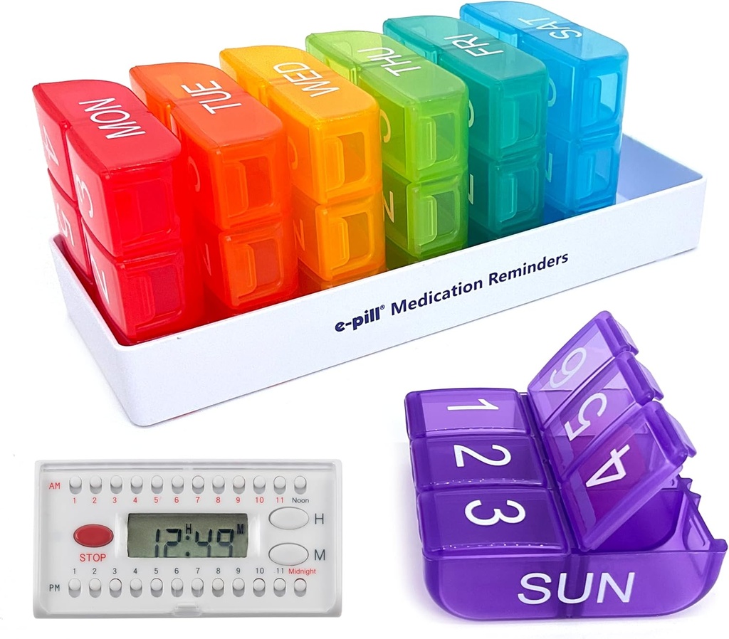 e-Pill 6 Times a Day x 7 Day Weekly Pill Organizer, Vitamin and Medicine Pill Box Reminder - with 6 Alarm Timer (White)