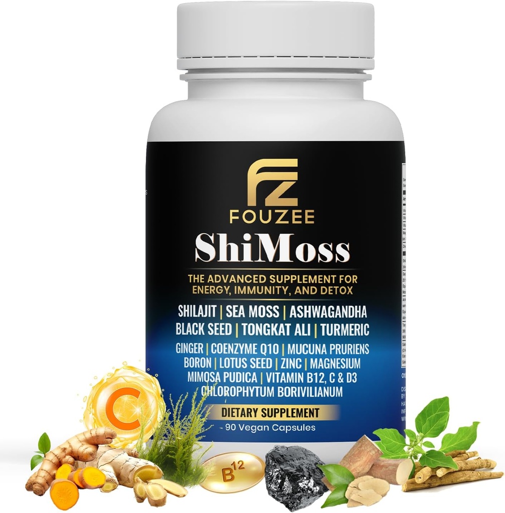 ShiMoss Suplemento w/Shilajit 1000mg, Sea Moss 7000mg, Ashwagandha 9000mg, Tongkat Ali 90000 mg, Vitamina C, B12, Boron, Turmeric, Ginger - Immunity Dietary Capsule for Men &amp; Women - 90 Count
