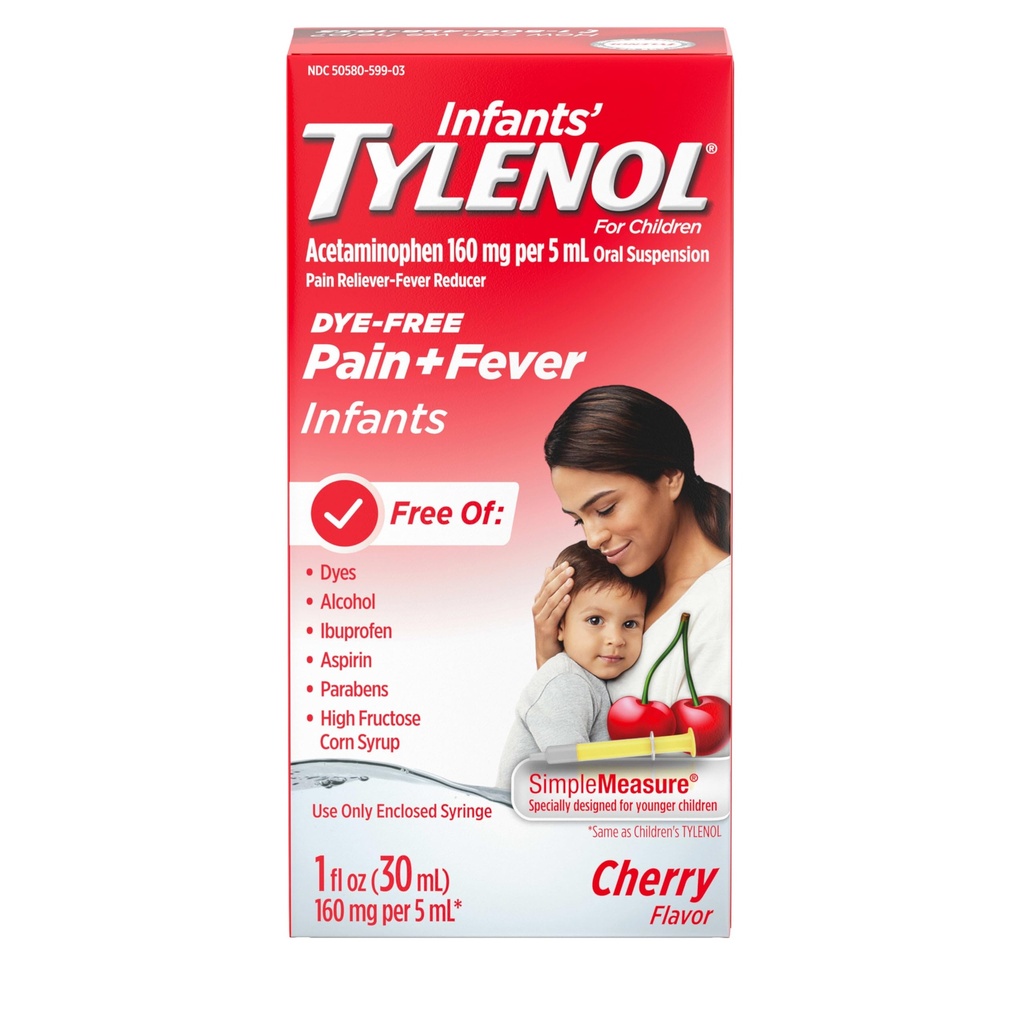 Tylenol Oral Suspension Medicina Líquida con Acetaminofeno, Reductor de la fiebre del bebé " Dolor de dolor para dolores menores " , Tornillo del dolor de cabeza " Dolor de dientes, Cereza libre de ojos, 1 fl. oz