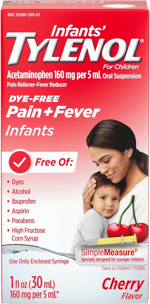 Tylenol Oral Suspension Medicina Líquida con Acetaminofeno, Reductor de la fiebre del bebé " Dolor de dolor para dolores menores " , Tornillo del dolor de cabeza " Dolor de dientes, Cereza libre de ojos, 1 fl. oz