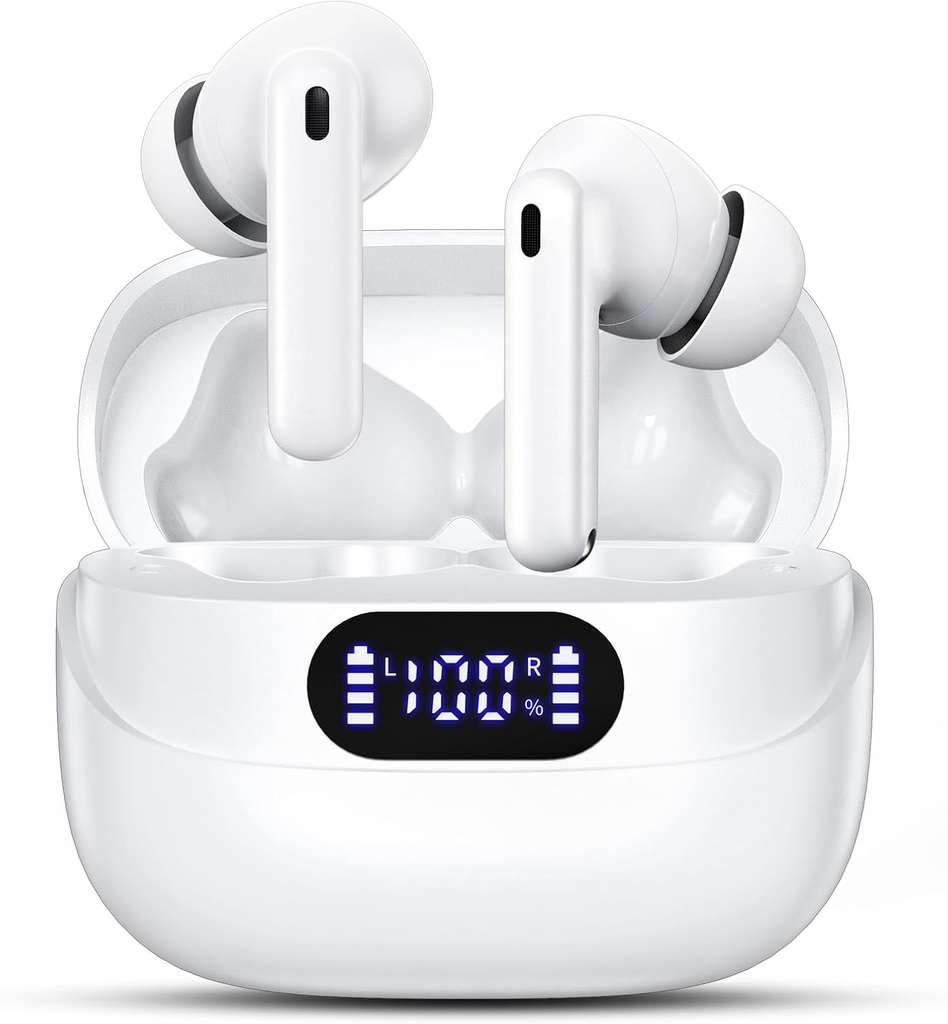Discos inalámbricos, 42H Playtime Bluetooth 5.3 Auriculares, HiFi Stereo Call Noise Cancelling Earbuds, IPX7 Auriculares estéreo impermeables con pantalla LED para iOS Android (White)